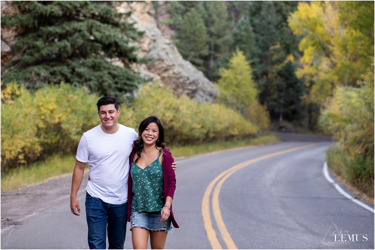 Fall country road engagement photo session in Golden, CO at Golden Gate Canyon State Park by Studio Lemus Photography - Denver Engagement Photographer - Colorado Wedding Photographer