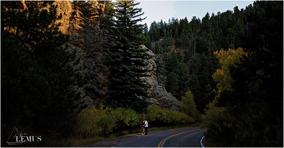 Fall country road engagement photo session in Golden, CO at Golden Gate Canyon State Park by Studio Lemus Photography - Denver Engagement Photographer - Colorado Wedding Photographer