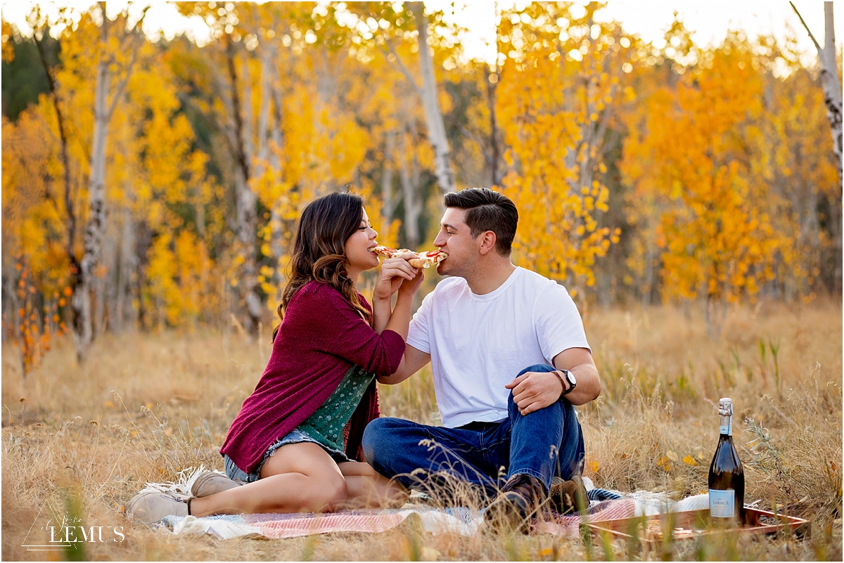 Fall pizza picnic engagement photo session in Golden, CO at Golden Gate Canyon State Park by Studio Lemus Photography - Denver Engagement Photographer - Colorado Wedding Photographer