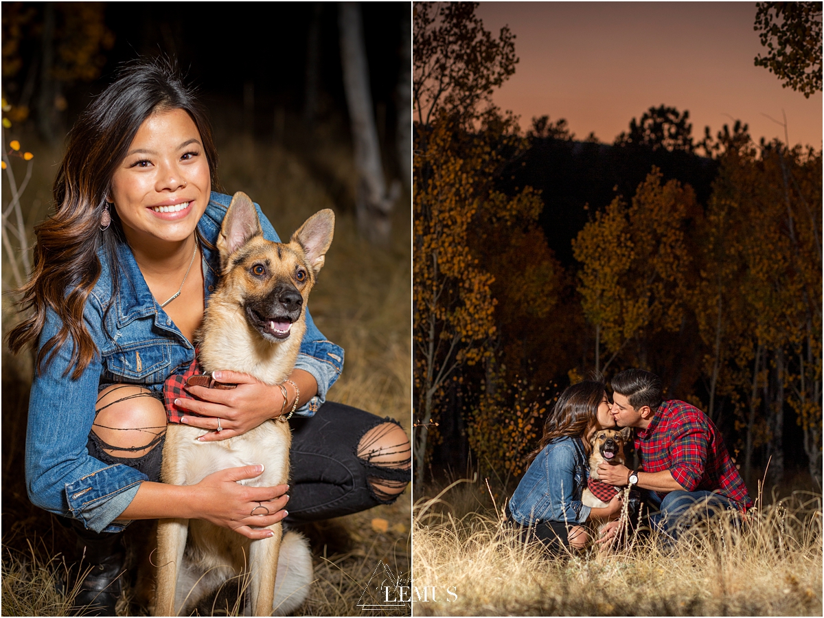 Fall engagement photo session with cute pup in Golden, CO at Golden Gate Canyon State Park by Studio Lemus Photography - Denver Engagement Photographer - Colorado Wedding Photographer